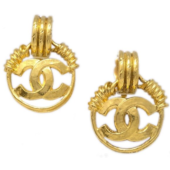 Chanel Hoop Dangle Earrings Gold Clip-On 94P - Picture 1 of 4
